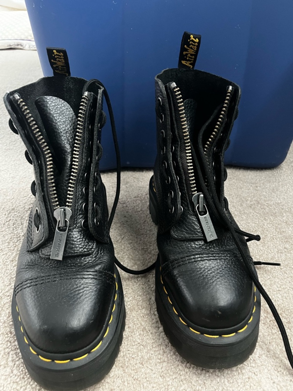 Dr. Martens Black Leather Platform Lace-Up Boots with Yellow Stitching - Picture 2 of 5